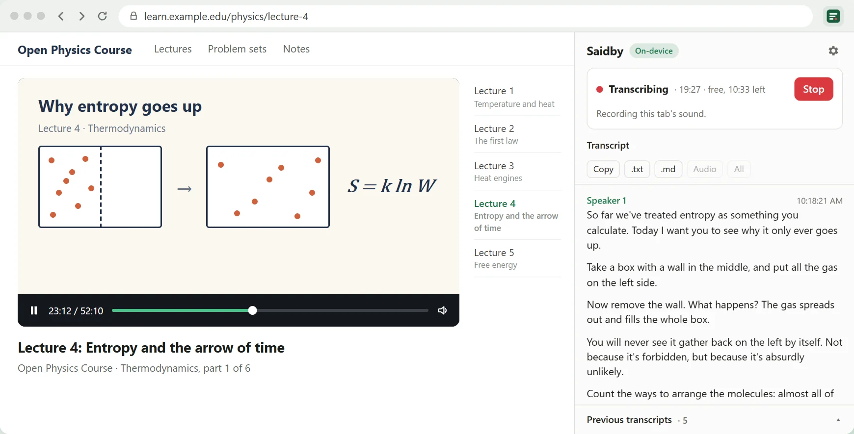 A physics lecture video with its transcript in the Saidby side panel