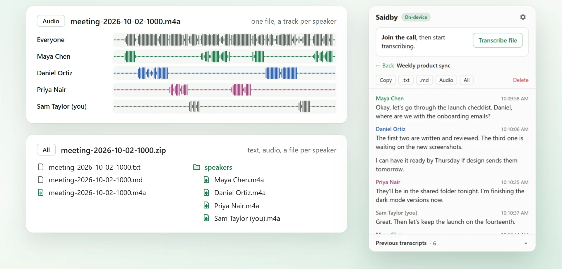 The recording with a track per speaker, and the .zip with text, audio and a file per speaker