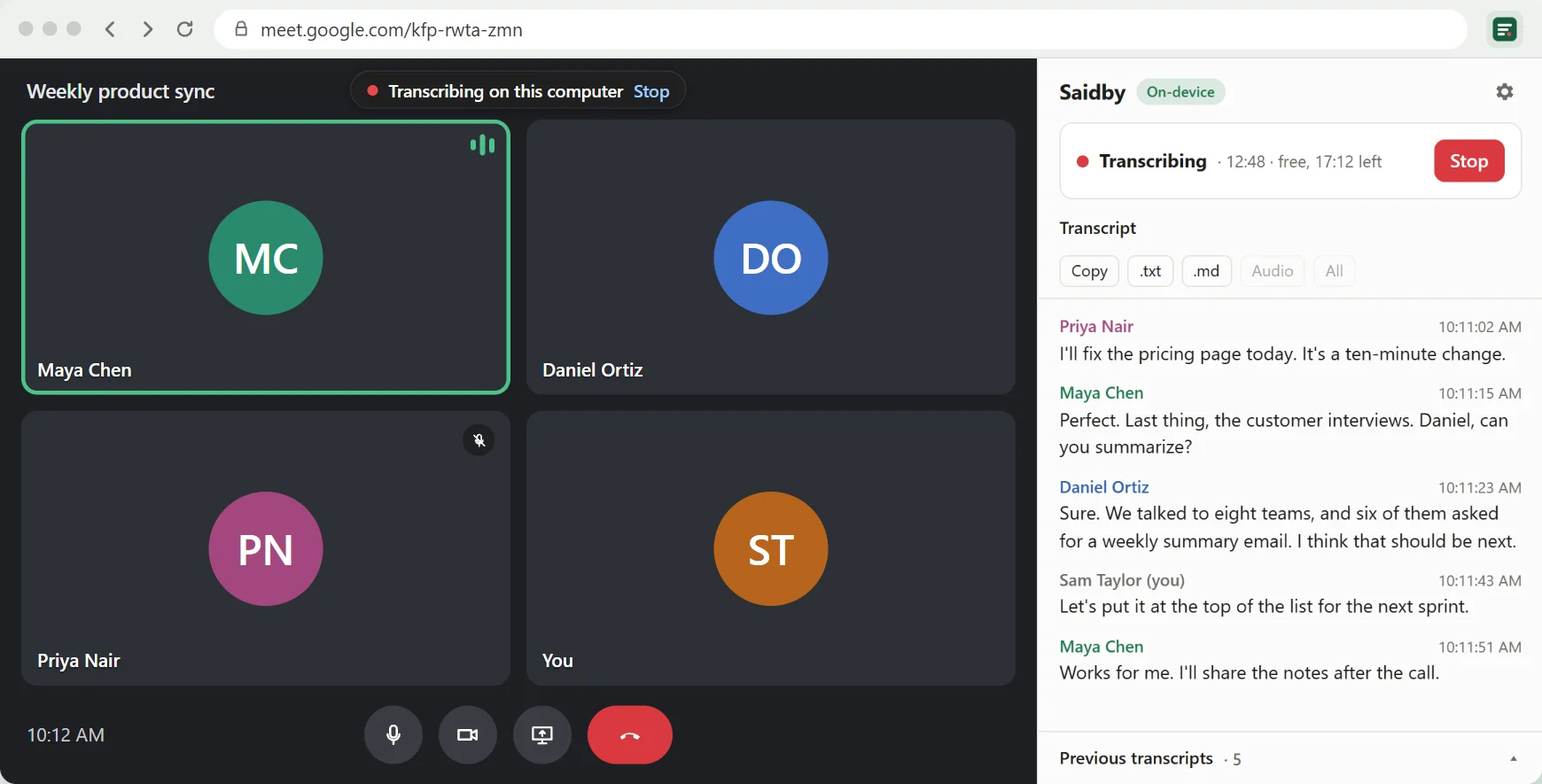 A video call with four people and the Saidby side panel showing the live transcript with their names